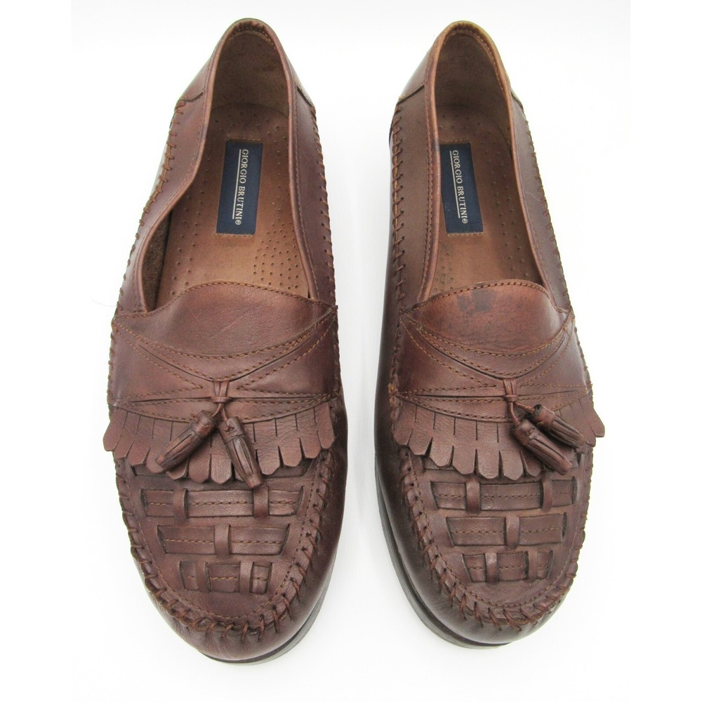 Giorgio Brutini Men's Loafers Kiltie Tassel Brown Woven Top Moc Toe Leather 13W